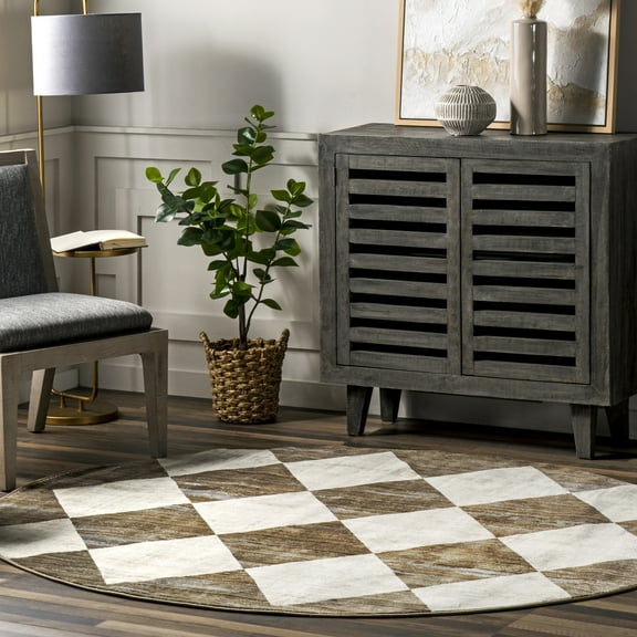 nuLOOM Meline Checkered Fringe Area Rug, 8' x 8', Round, Beige