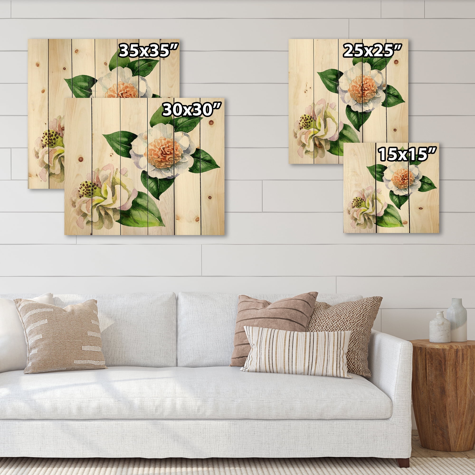 Designart 'Ancient White Camellia Flowers With Green Leaves' Traditional Print on Natural Pine Wood