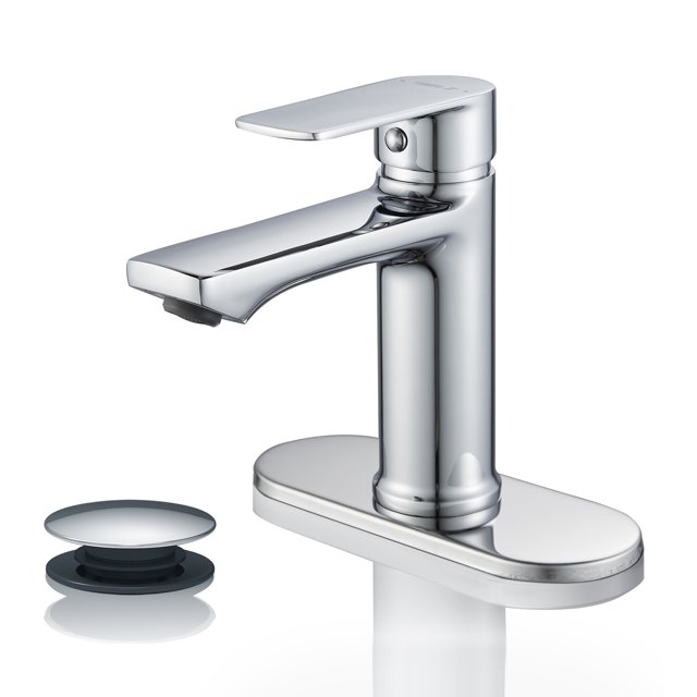 BELZ Grifo de Baño Moderno con Cascada, Grifo de Fregadero de Baño con una Sola Manija, Desague Emergente y Placa de Cubierta Adecuada para 1 O 3 Agujeros, Cromo