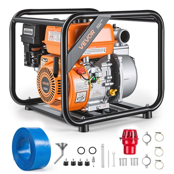 VEVOR Gas Powered Water Pump, 2 in, 132 GPM 7HP Semi Trash Water Transfer Pump Portable, Gasoline Engine with 25 ft Discharge Hose, Heavy Duty Frame, Cast Iron Impeller, for Irrigation, Ponds, Pools