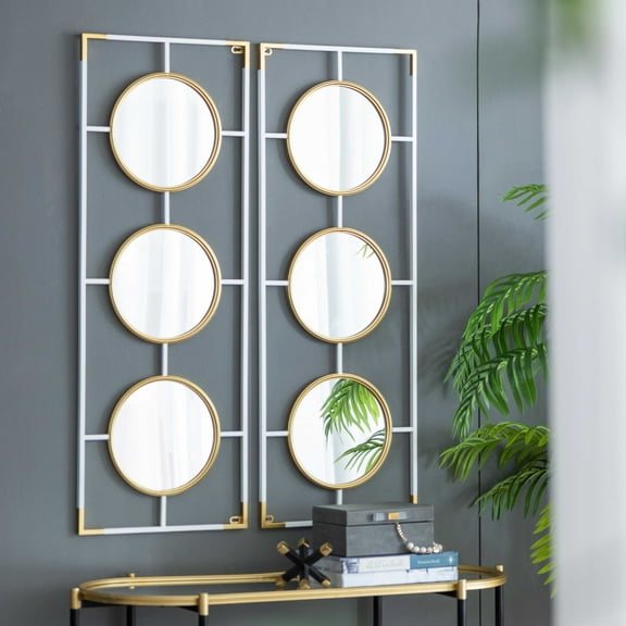 Llinc Store 15.5" x 43.5" Wall Mirrored Decor Metal Frame with Mirror, Oriental Design Hanging Wall Decorations, Gold And White,