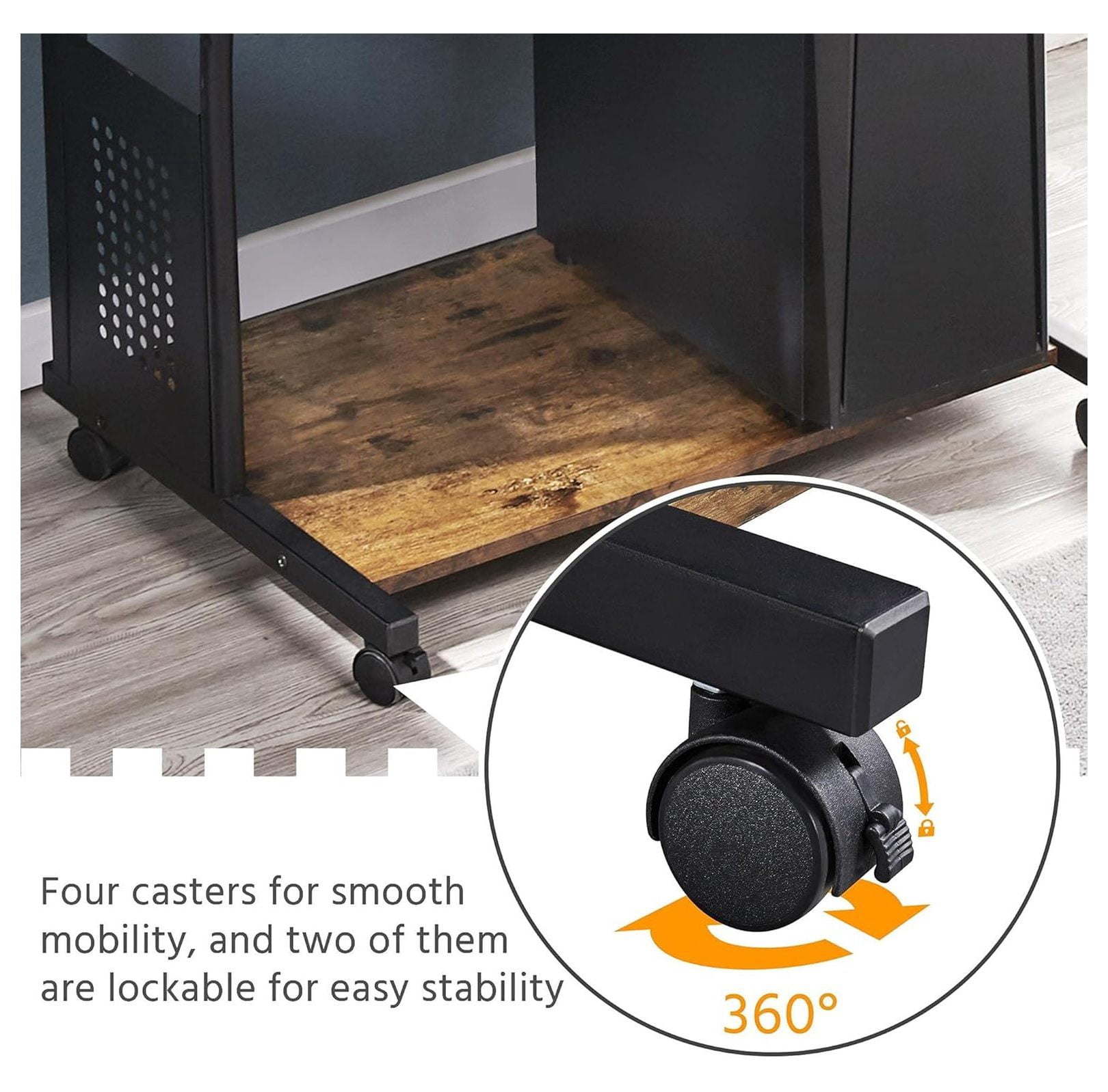 3 Tiers Rolling Computer Desk with Power Outlet and USB Ports for Space Saving, Home Office Desk with Keyboard Tray and Printer Shelf on Wheels, Laptop PC Workstation Table, Rustic Brown