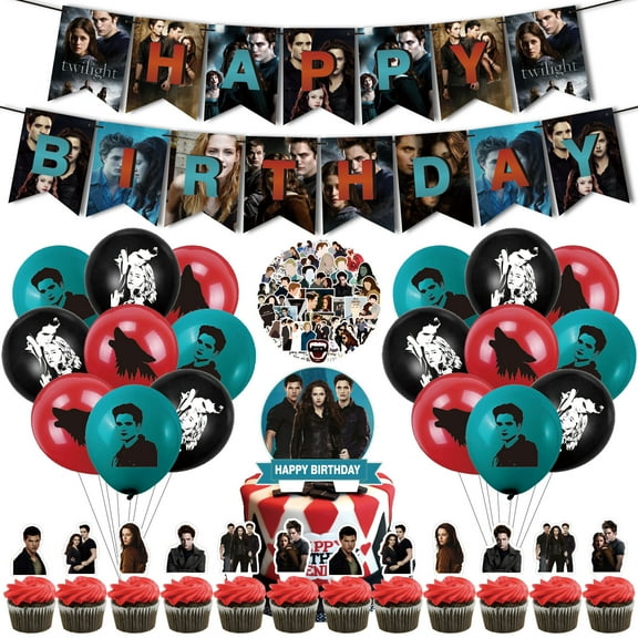33 PCS For Twilight Saga Birthday Party Decorations, With 1 Happy Birthday Banner Garland, 18 Balloons,50 Stickers,14 Cupcake Toppers for decorative supplies set