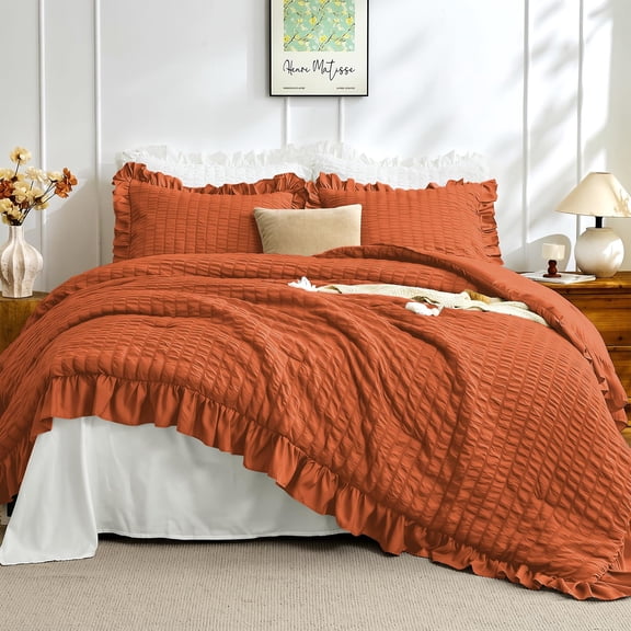 Comforters Queen Size, 3 Pieces Ruffle Seersucker Queen Comforter Set for All Season, Lightweight Soft Shabby Chic Bedding Sets for Women(1 Comforter, 2 Pillowshams)