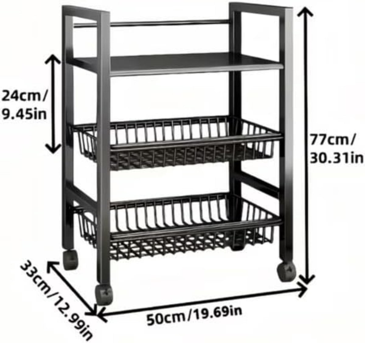 3-Tier Rolling Storage Cart with 2 Removable Wire Baskets, Heavy Duty Metal Organizer Rack, Slim Kitchen Cart for Pantry, Bathroom, Office