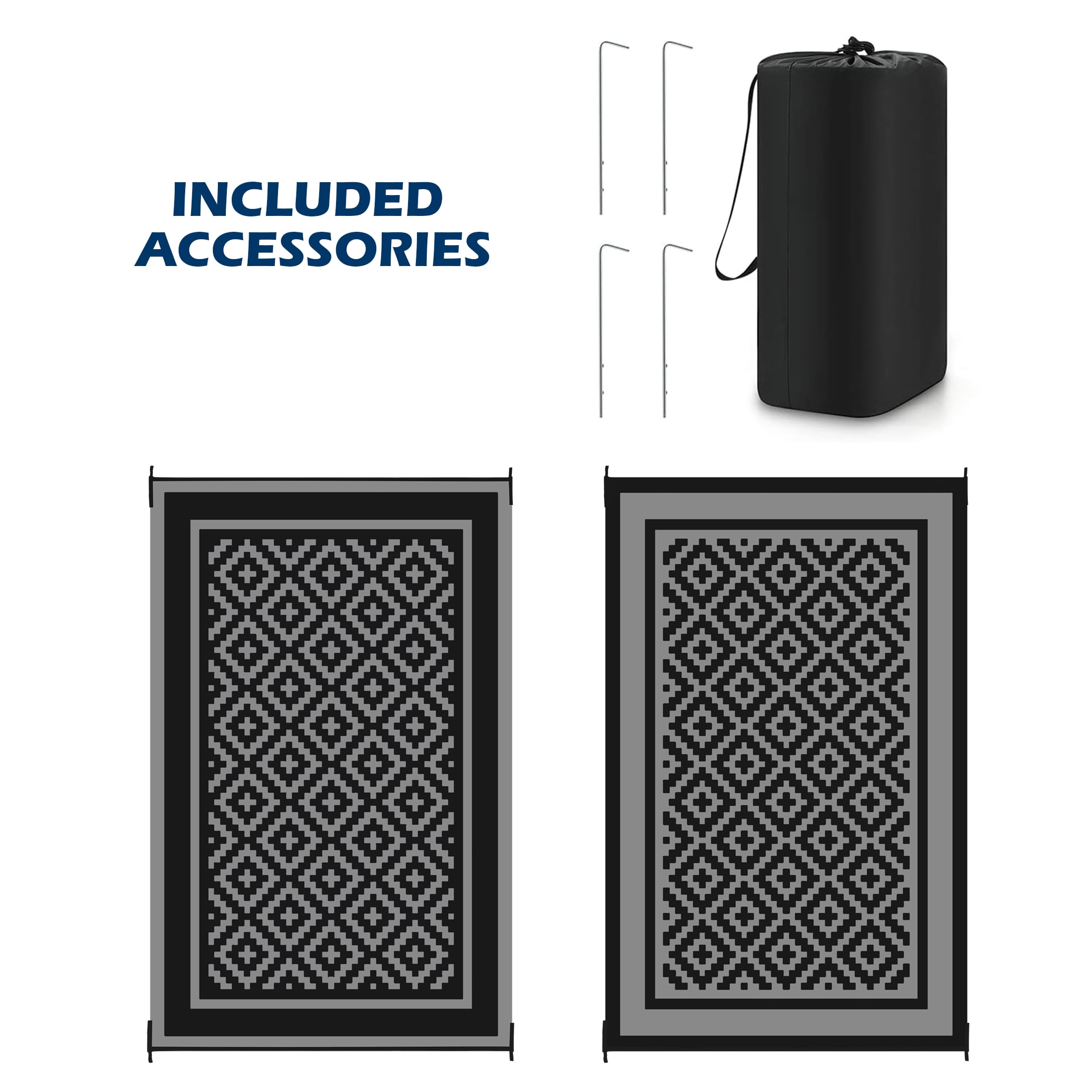 Kohree Outdoor Plastic Straw Rug 9'x12' ,Waterproof Mat with 4 Corner Loops Indoor Outdoor for RV, Camping, Deck ,Balcony (Black & Gray)