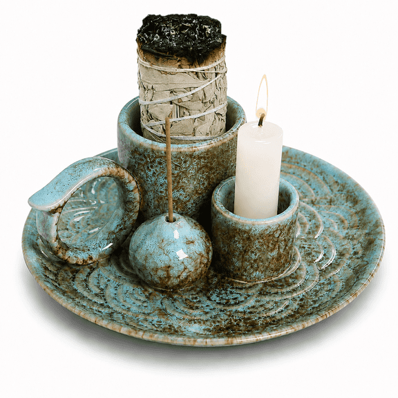 Incense Holder and Incense Burner, 4-in-1 Ceramic Smudge Bowl with Handle, Ash Catcher for Sage, Palo Santo, Incense Sticks and Candles, Meditation and Home Decor