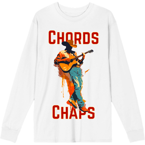 "Chords & Chaps" Cowboy Americana Adult White Crew Neck Long Sleeve Tee-Medium