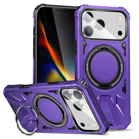 Armor Stand Case for iPhone 17 Pro Max,[Compatible with MagSafe] Military Shockproof Rugged Phone Case,Magnetic with Car Mount,Built in 360° Rotatable Ring Kickstand,Purple