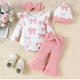 thumbnail image 2 of VNKIDY Girls Baby Cute 4 Piece Outfit Bow Prints Ruffled Long Sleeve Crewneck Romper Stretchy Flared Pants With Bow Headnband Hat For Daily Wear Cozy Set, 2 of 7