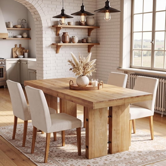 Tribesigns 63-Inch Farmhouse Dining Table for 6 People, Solid Wood Rectangle Kitchen Table with Pedestal Base (Without Chair, Light Brown)