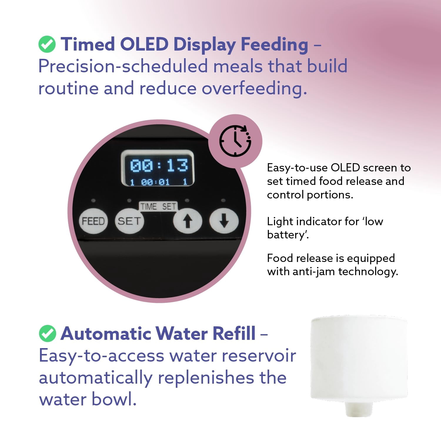 Feeding Friend® Automatic Dog & Cat Food Feeder with Water Dispenser Smart Pet Feeder with Portion Control, OLED Display, Anti Jam Design, Battery Operated Dispenser for Small XS  4-15 lbs Pets Black
