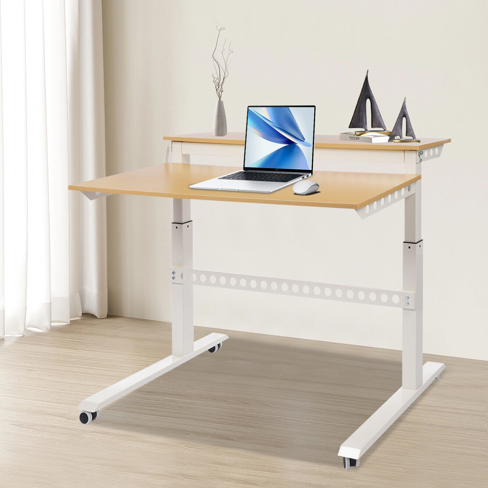 Mobile 2-Tier Rolling Laptop Desk with 4 Wheels, Adjustable Height Standing Desk,Rolling Computer Desk for Home Office