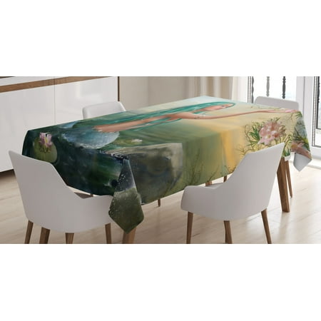 

Mermaid Tablecloth Aqua Color Hair Mermaid in Waterfront Touching Magnolia Flowers Rectangular Table Cover for Dining Room Kitchen 60 X 84 Inches Pale Sea Green and Petrol Blue by Ambesonne
