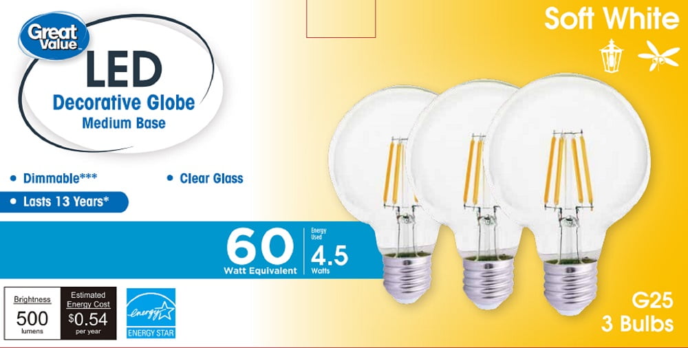 Great Value LED Deco G25 Bulb Shape, Clear Glass, Soft White, 4.5W(60W Eqv), E26 Base, 3 Pack