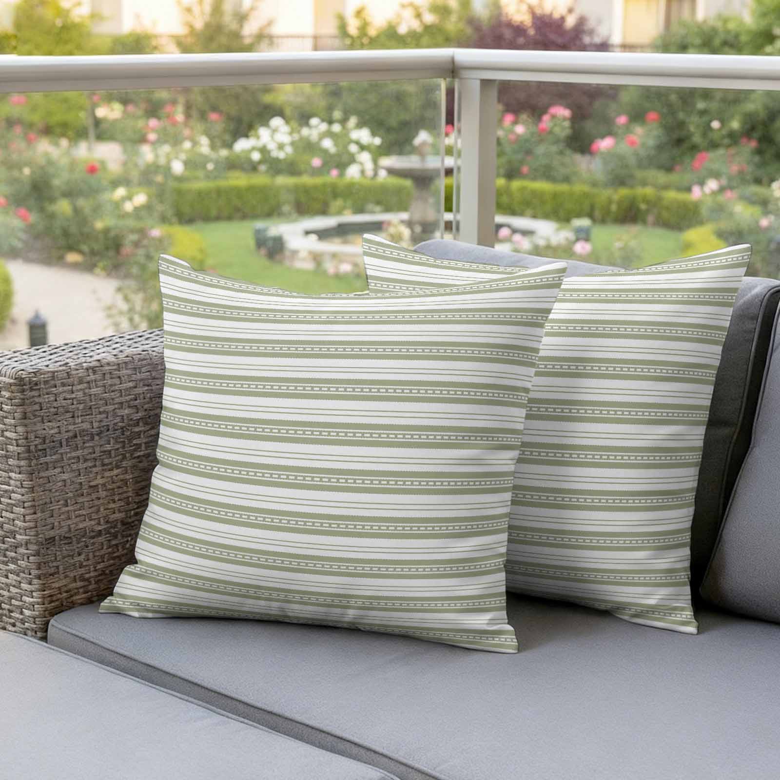 Boho Sage Green Stripe Outdoor Waterproof Pillow Covers, Abstract Geometric White Minimalist Decorative Square Throw Pillowcase Sofa Cushion Sham for Patio/Couch/Chair, 20"x20" 2 Pack