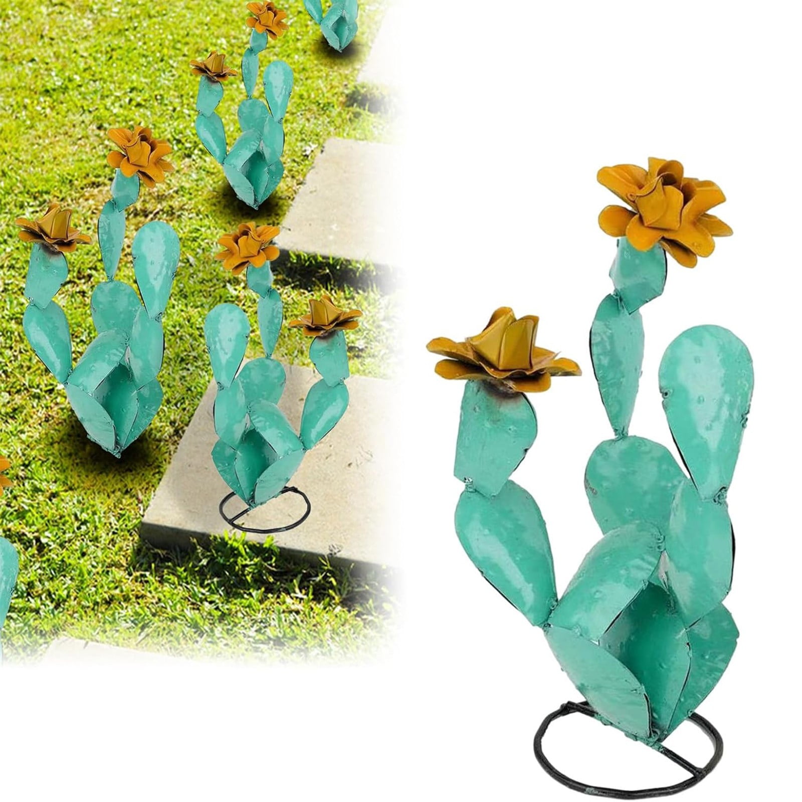 Metal Cactus Outdoor Decor - Iron Cactus Yard Art Garden Statue, Rustic Artificial Cactus Sculpture for Patio, Lawn, Balcony, Backyard Decor, Weather Resistant Metal