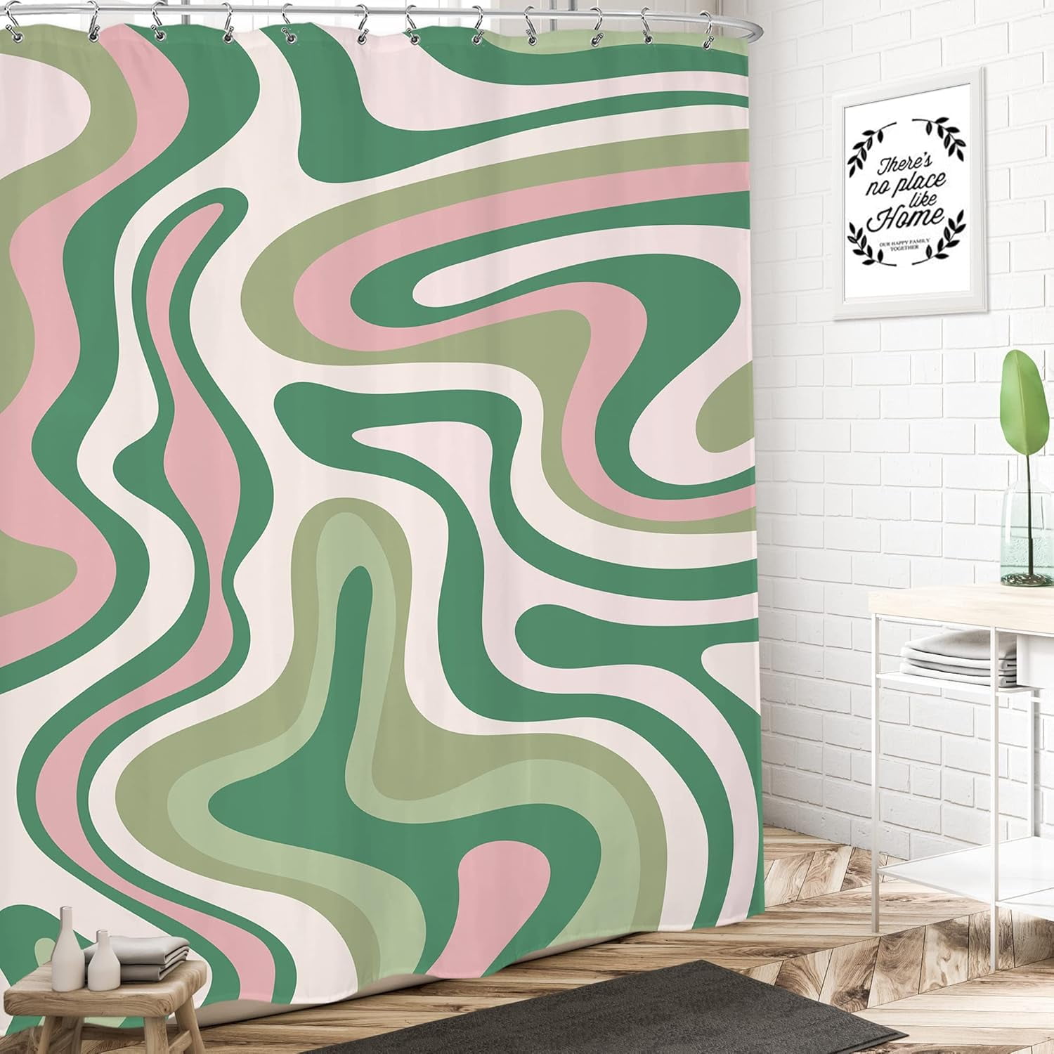 Abstract Boho Pink Green Shower Curtain 72Wx72H Inches Groovy Spiral Swirl Modern Waves Aesthetic Cute 2000s 70s Retro Cloth Fabric Waterproof Polyester Bathroom Home Decor Set with Hooks