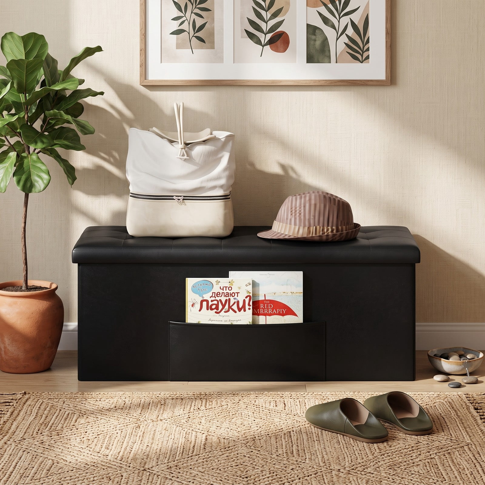 Furnibear 43 Inch Folding PU Leather Storage Ottoman Bench with Divider and Side Pocket for Living Room, Bedroom and Entryway, Black