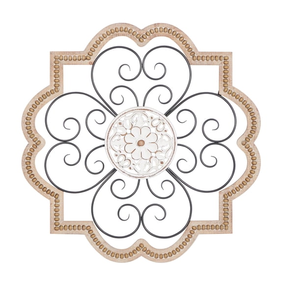 DecMode Brown Wooden Carved Beading Scroll Wall Decor with Metal Accents