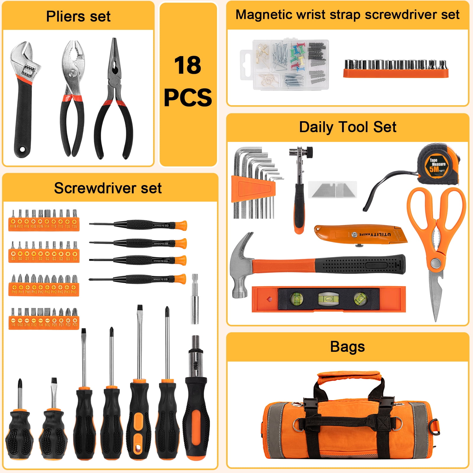 STARWAL 18Pc Orange Tool Set, Home Tool Kit for DIY w/ Hammer, Pliers, Wrenches, Duty Roll up Foldable Tool Bag