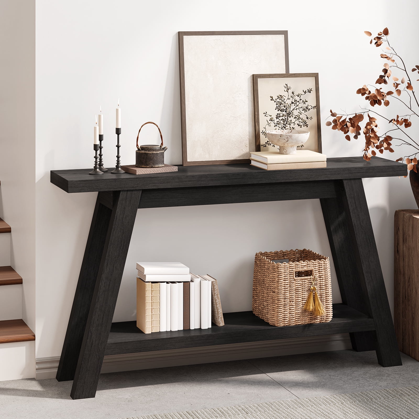 54" Farmhouse 2-Tier Console Table ,Wooden Entryway Sofa Table, Black