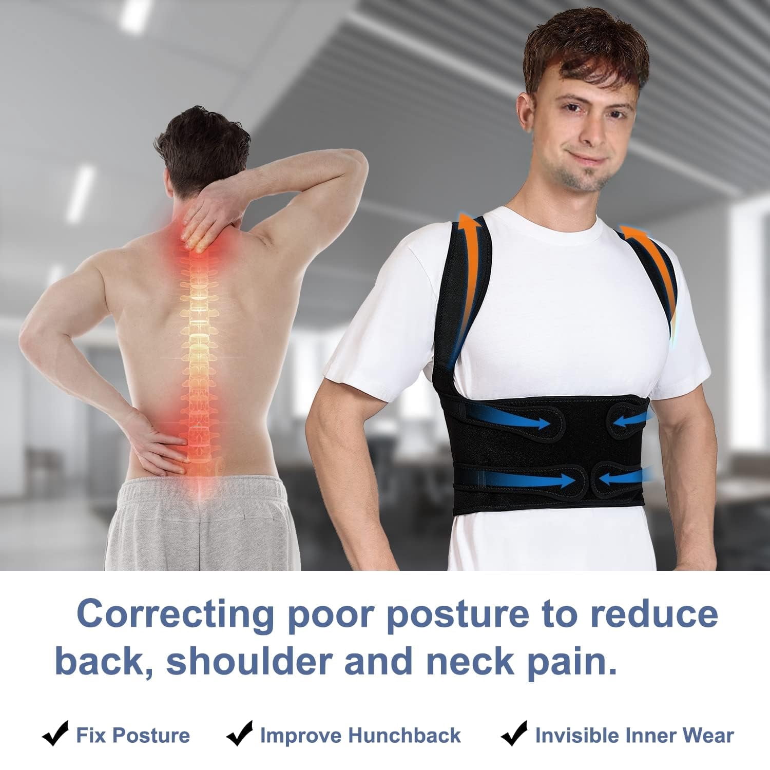 Back Brace Posture Corrector, Shoulder Straightener, Adjustable Full Back Support for Women and Men, Upper and Lower Back Pain Relief - Scoliosis, Spine Corrector, Black X-Large