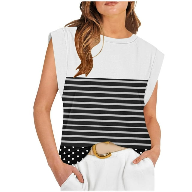 Scyoekwg Débardeurs Décontractés pour Femmes, Débardeurs à Col Rond, Hauts Sans Manches, Hauts pour Dames, Chandails à Bretelles, T-Shirt Graphique à Rayures Patchwork, Blouses Amples d'Été Décontractées (Noir,G)