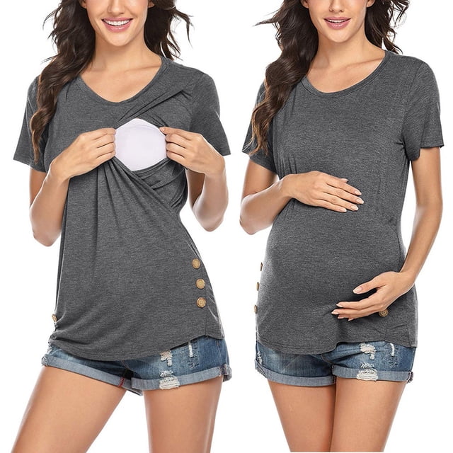 LSLJS Blouse d'Allaitement pour Femmes Enceintes, Couleur Unie, Col Rond, Manches Courtes, Col Rond, Hauts de Maternité ( Gris Foncé, TTG )