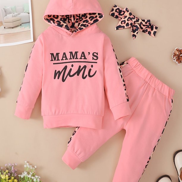 Adorable Baby Girl Leopard Patchwork Sweatpants Set with Hoodie and Bowknot Headband