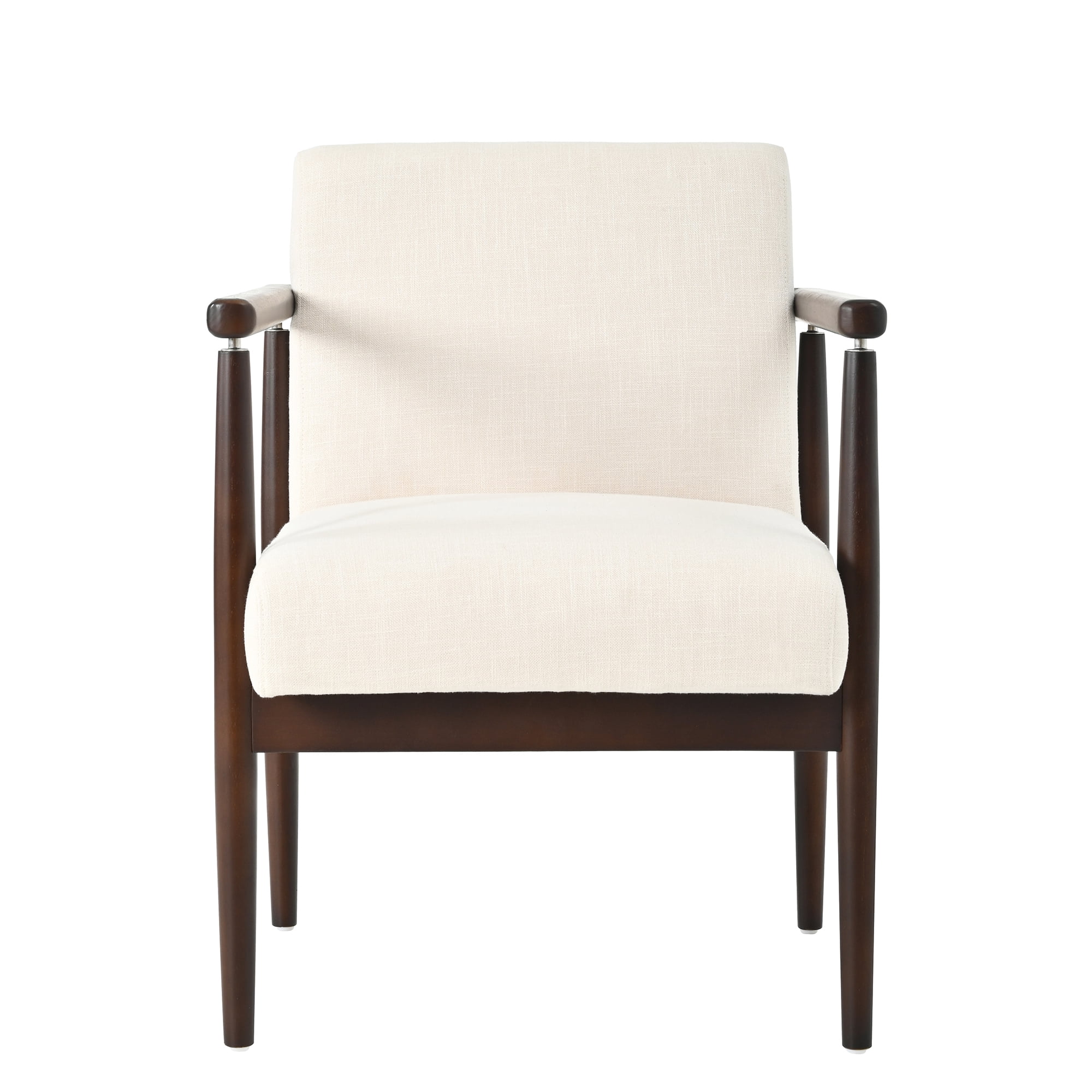 Set of 2 Mid-Century Modern Dining Arm Chairs, Fabric Upholstered Accent Chairs with Rubber Wood Frame, Walnut Finish & Beige Upholstery for Dining Room, Kitchen, Living Room