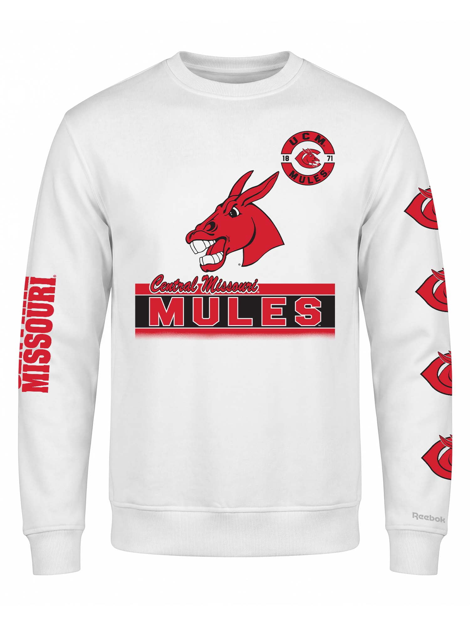 Central Missouri Mules Reebok Mens White Crew Sweatshirt
