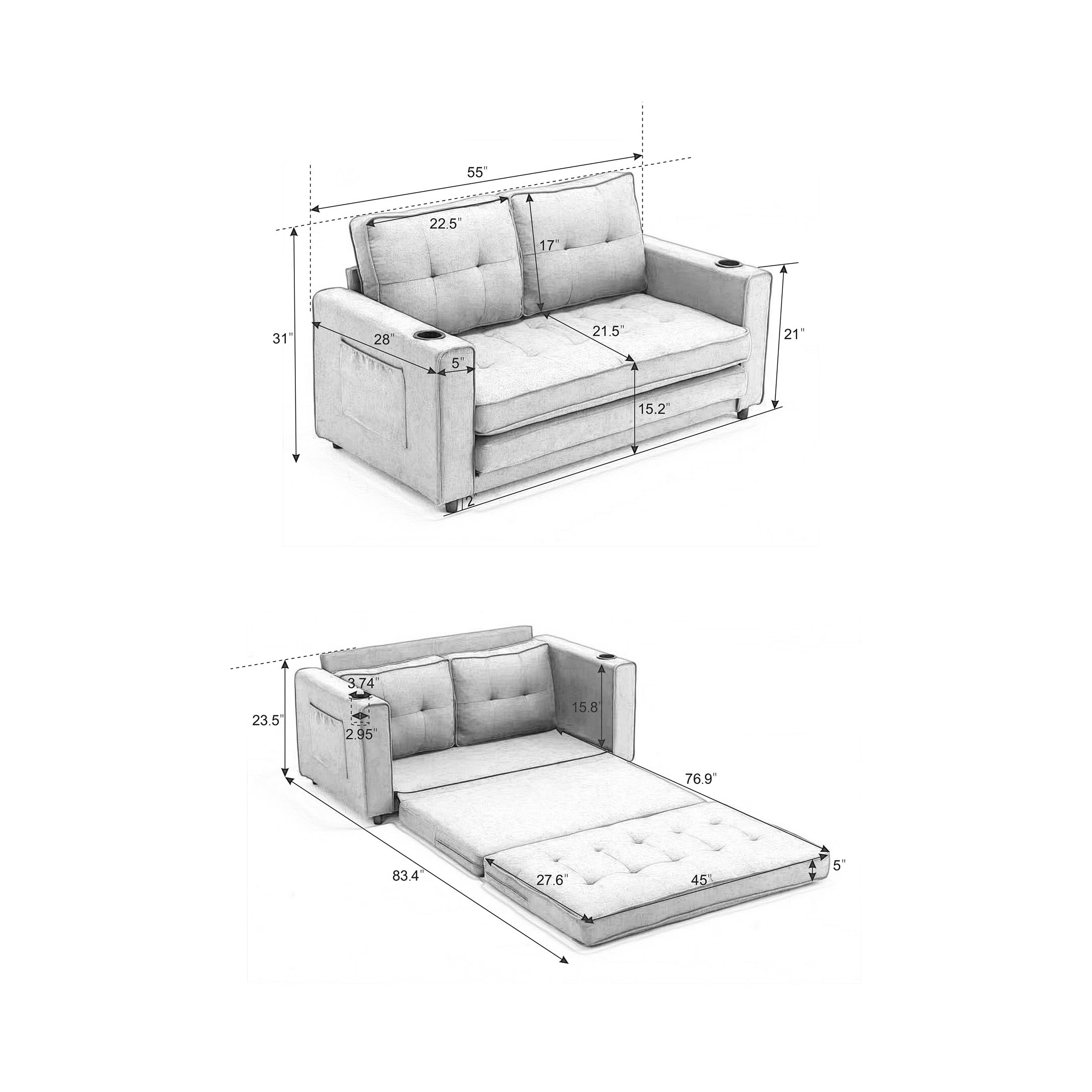UHOMEPRO Convertible Futon Sofa Bed, Pull Out Loveseat Sleeper Sofa with Side Pockets and Cup Holders, Comfy 3-in-1 Foldable Sofa Couch, Upholstered Floor Couch for Living Room Apartment, Dark Gray