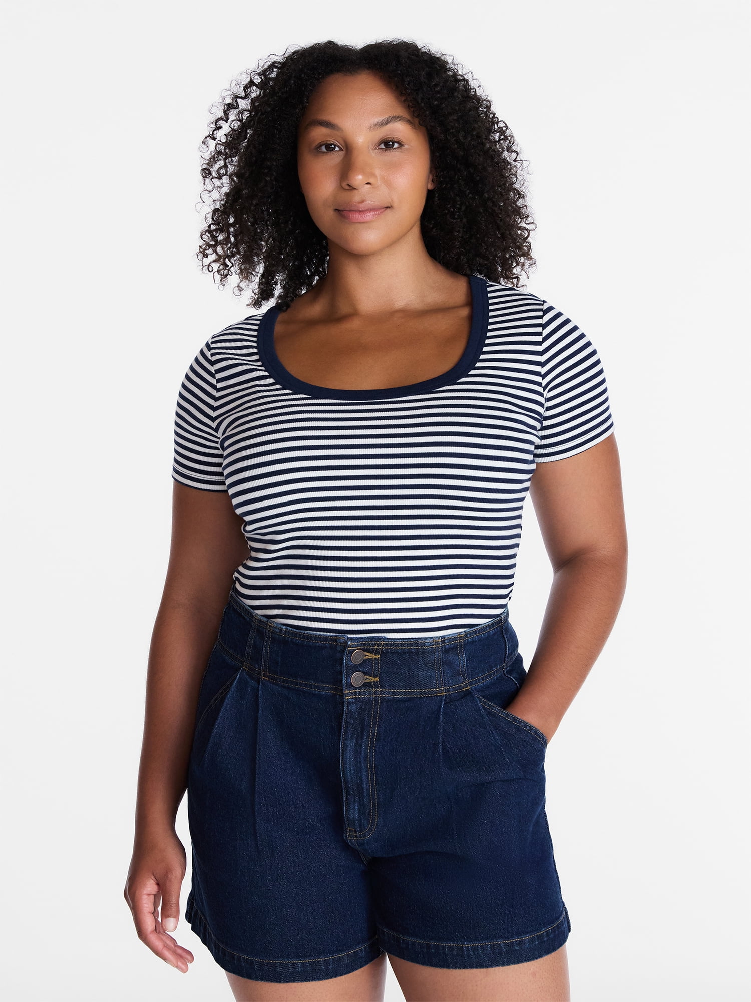 Time and Tru Women's Ribbed Scoop Neck Tee with Short Sleeves, Sizes XS-XXXL