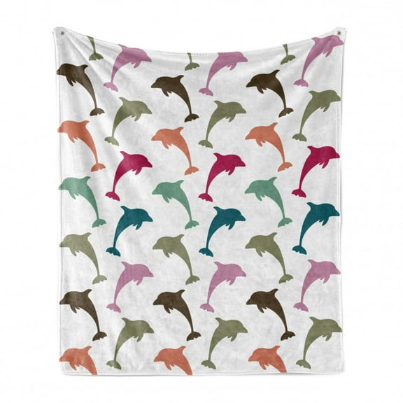 Sea Animals Soft Flannel Fleece Throw Blanket, Colorful Dolphin on White Background Ocean Marine Animal Illustration, Cozy Plush for Indoor and Outdoor Use, 50" x 60", Multicolor, by Ambesonne