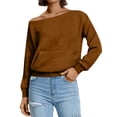thumbnail image 5 of Women's Basic Solid Color Off Shoulder Sweatshirt Loose Long Sleeve Y2K Asymmetrical Outfit Tops with Pocket Brown XL, 5 of 7
