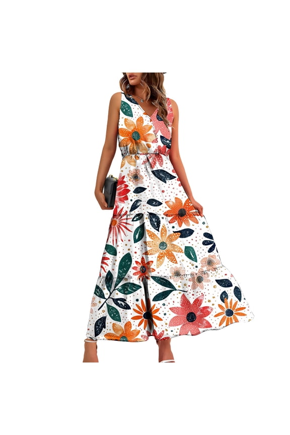 U Women's Summer Print Sleeveless V Neck Dress,Beach Sundress,Tiered Ruffle Flows Midi Dresses Multicolor,Womens Plus XXL