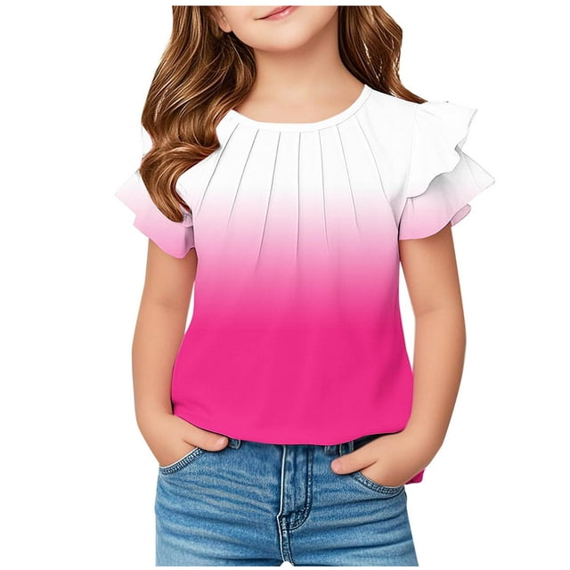 Mgmyaa Girls T Shirts Ruffle Short Sleeve Summer Pleated Crewneck Casual Tops Tees Blouses