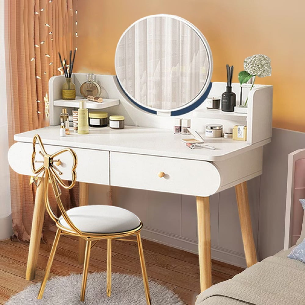 Yabanana Vanity Table with Rounded Mirror, Makeup Vanity Desk with 2