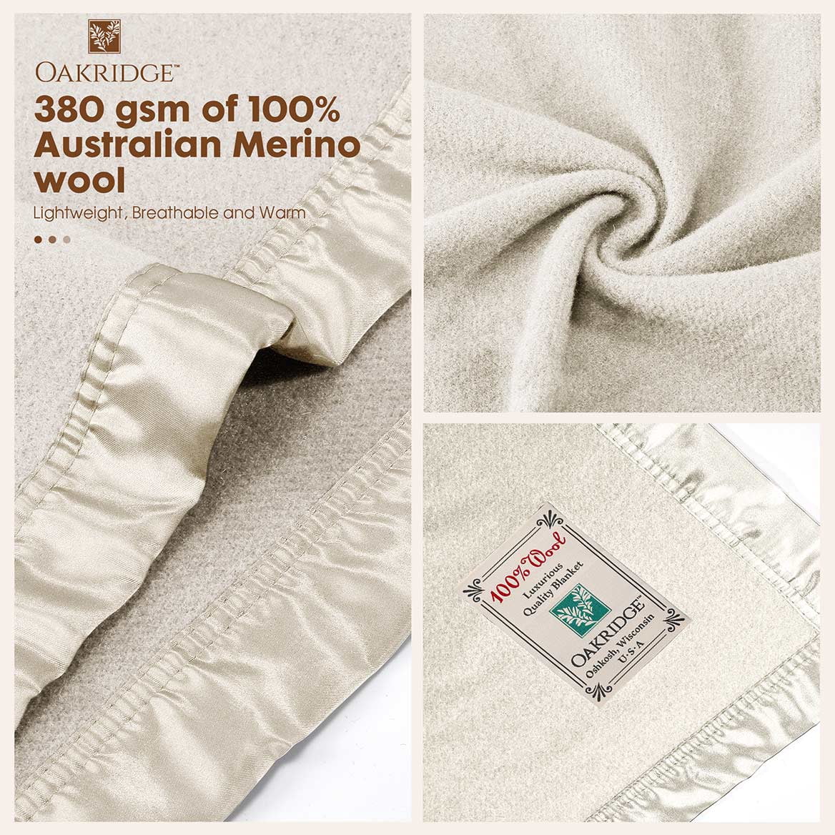 OakRidge Heirloom Merino Wool Blanket – 100% Australian Wool with Vintage Satin Edges – Breathable, Odor-Resistant, All-Season Bedding in King Size – Ivory Cozy Throw for Home or Travel