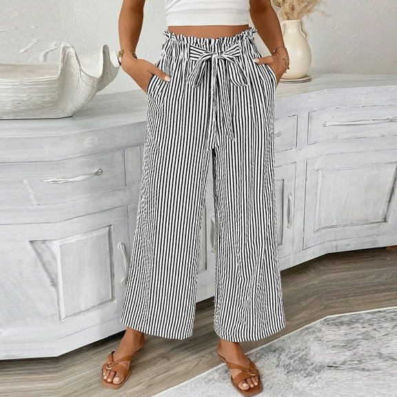 DPTALR George Women's Striped Wide Leg Linen Pants,Lightweight High Waisted with Drawstring,Comfy Lounge Trousers with Pockets,Black,Size L