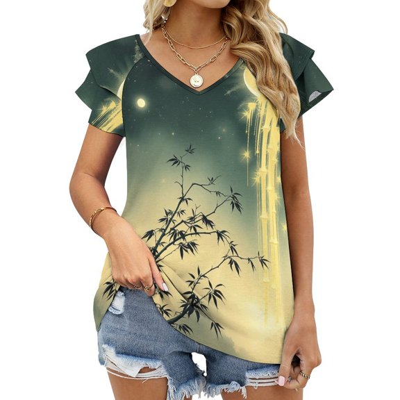 Gaosheng Bamboo Women Lotus Leaf Neck Short Sleeve Top Female Summer Women Loose Tops