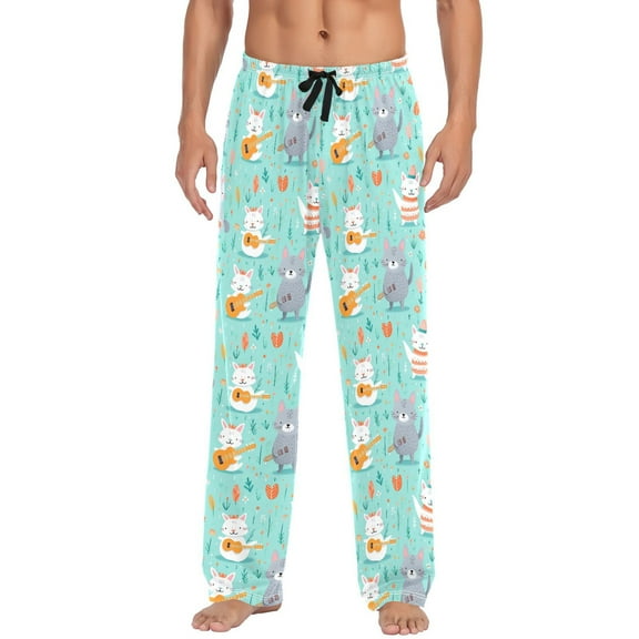 Cute Cat with Guitar joogoo Men's Pajama Pants Cotton Long Sleepwear Lounge Pants L