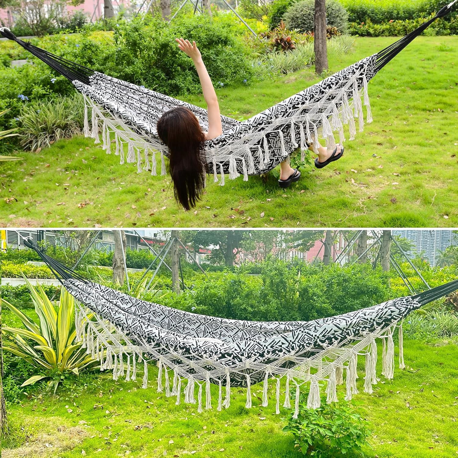 Bohemian Striped Tassel Double Hammock - 100% Cotton, Durable & Easy to Store