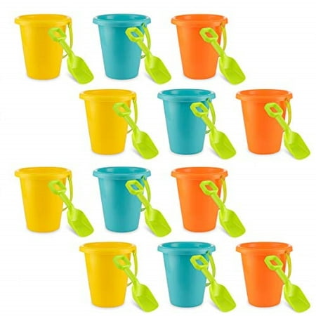 4e's novelty pack of 12 sand beach pails and shovels, plastic buckets 6.5 inches, great summer party accessory, pool fun activity for kids boys and girls, 3 bright colors yellow blue & orange