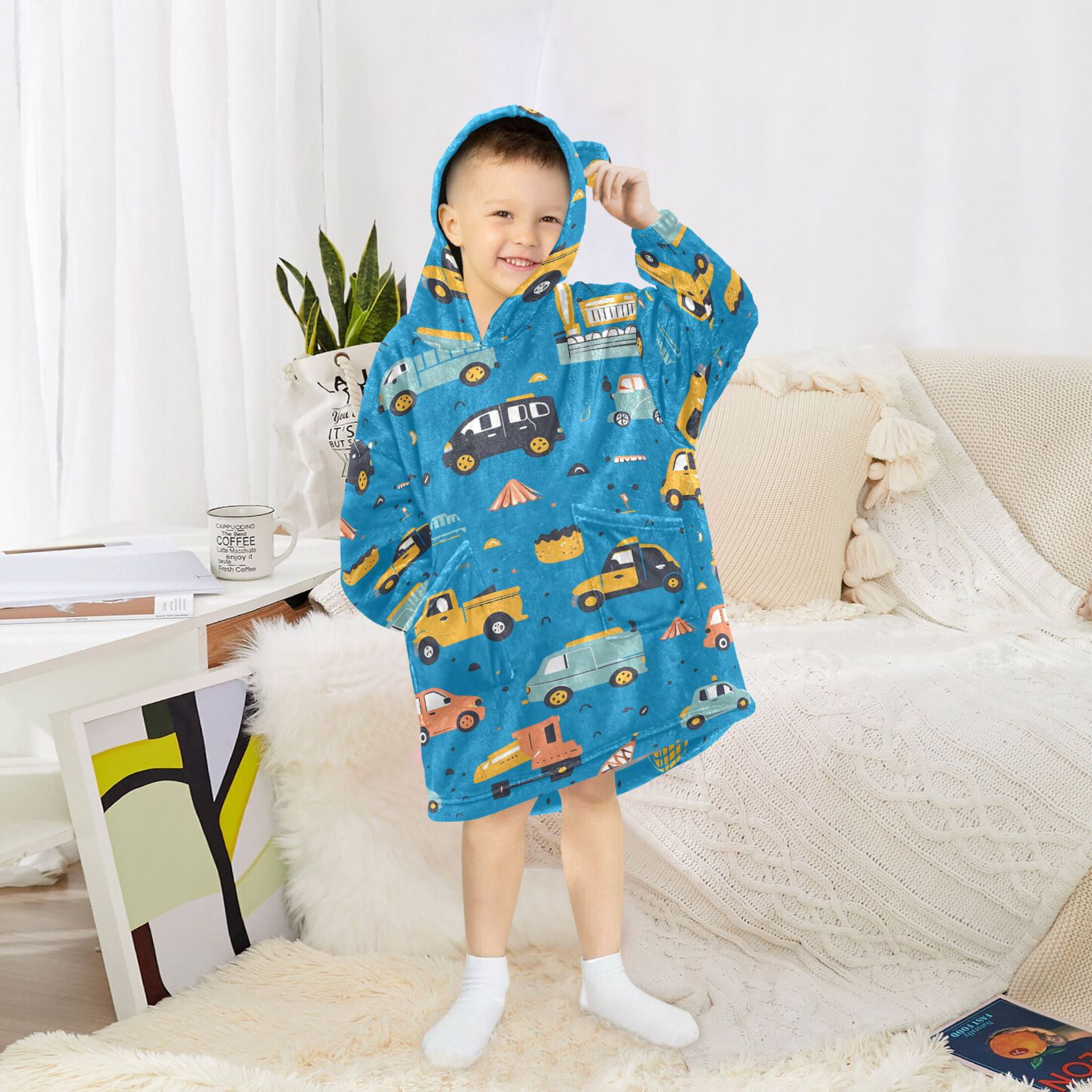 joogoo Wearable Blanket Hoodie for Kids Cartoon Trucks Cars on Blue Flannel Oversized Sweatshirt 3-14 Years S