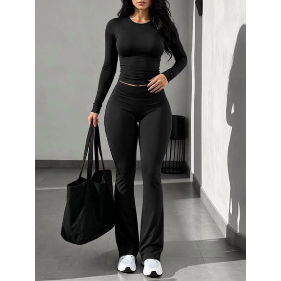 Women's 2-Piece Outfit Long Sleeve Round Neck Top and Flare Pants Set