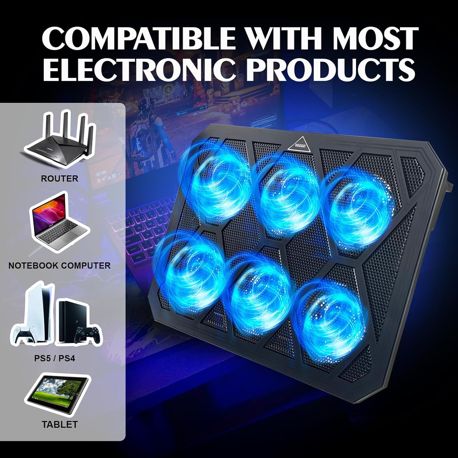 Laptop Cooling Pad with 6 Fans, Ergonomic USB Powered for Dual 2.0 Ports, Height-Adjustable, Metal Mesh Gaming Notebook Cooler, Fits 15-17.3 inch Laptops