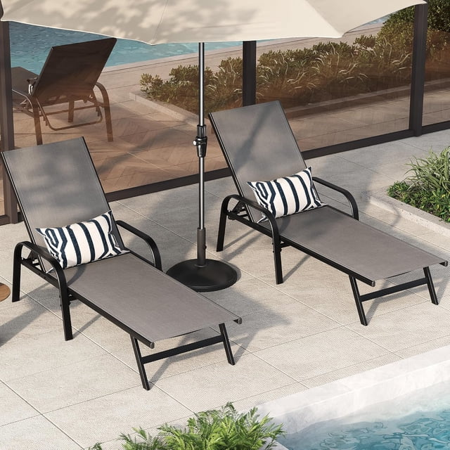 Outdoor Lounge Chair Set of 2 – Adjustable Patio Reclining Chaise with Textilene Fabric & 5-Position Backrest, Grey for Patio, Garden, Poolside & Balcony