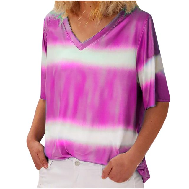 Pompotops Women Gradient Color V-Neck T-Shirt Short Sleeve Casual Tee Tops Blouse